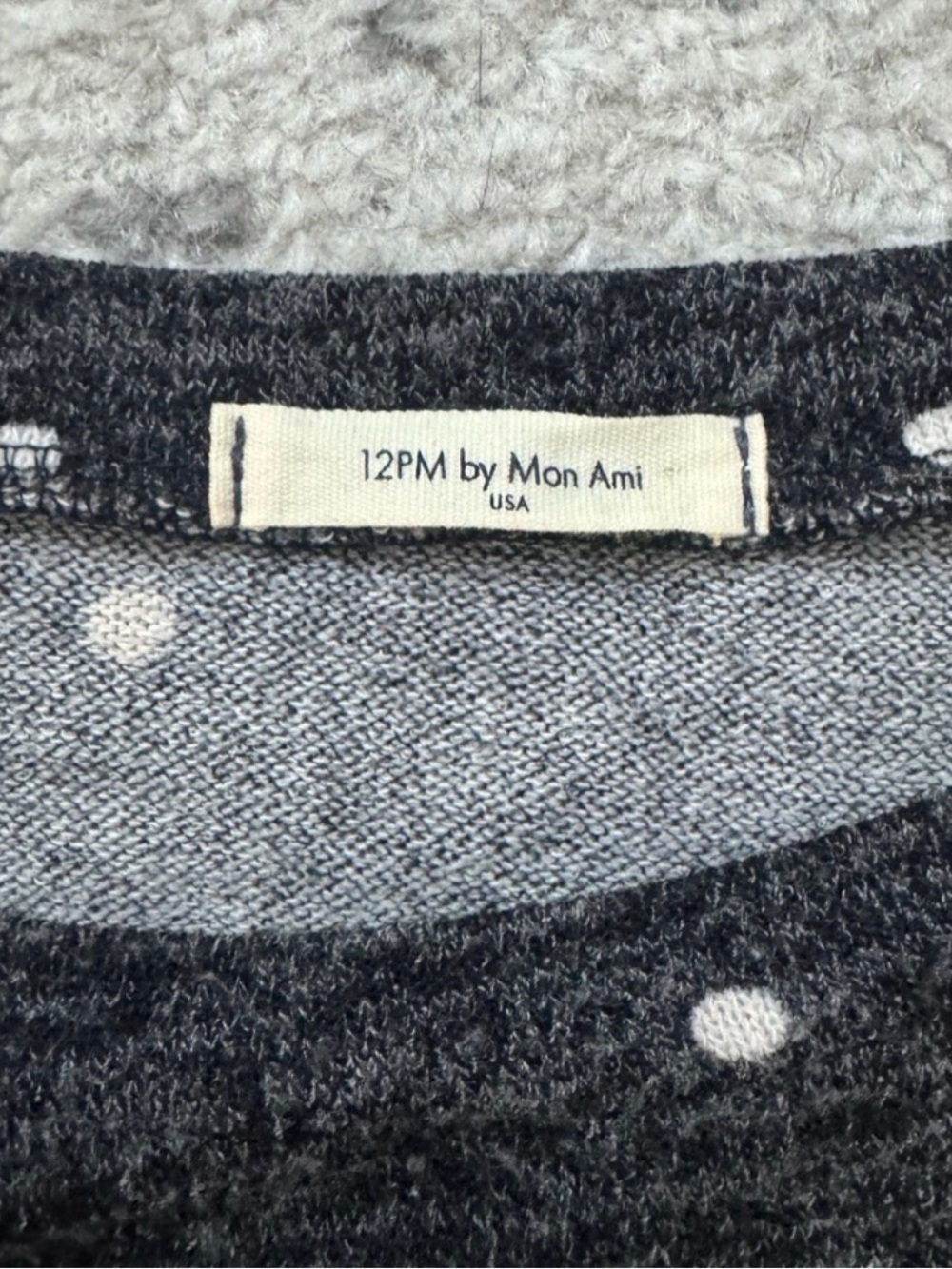 12 Pm By Mon Ami Charcoal Polka Dot Sweatshirt with Tan Suede Patches - Picture 4 of 4